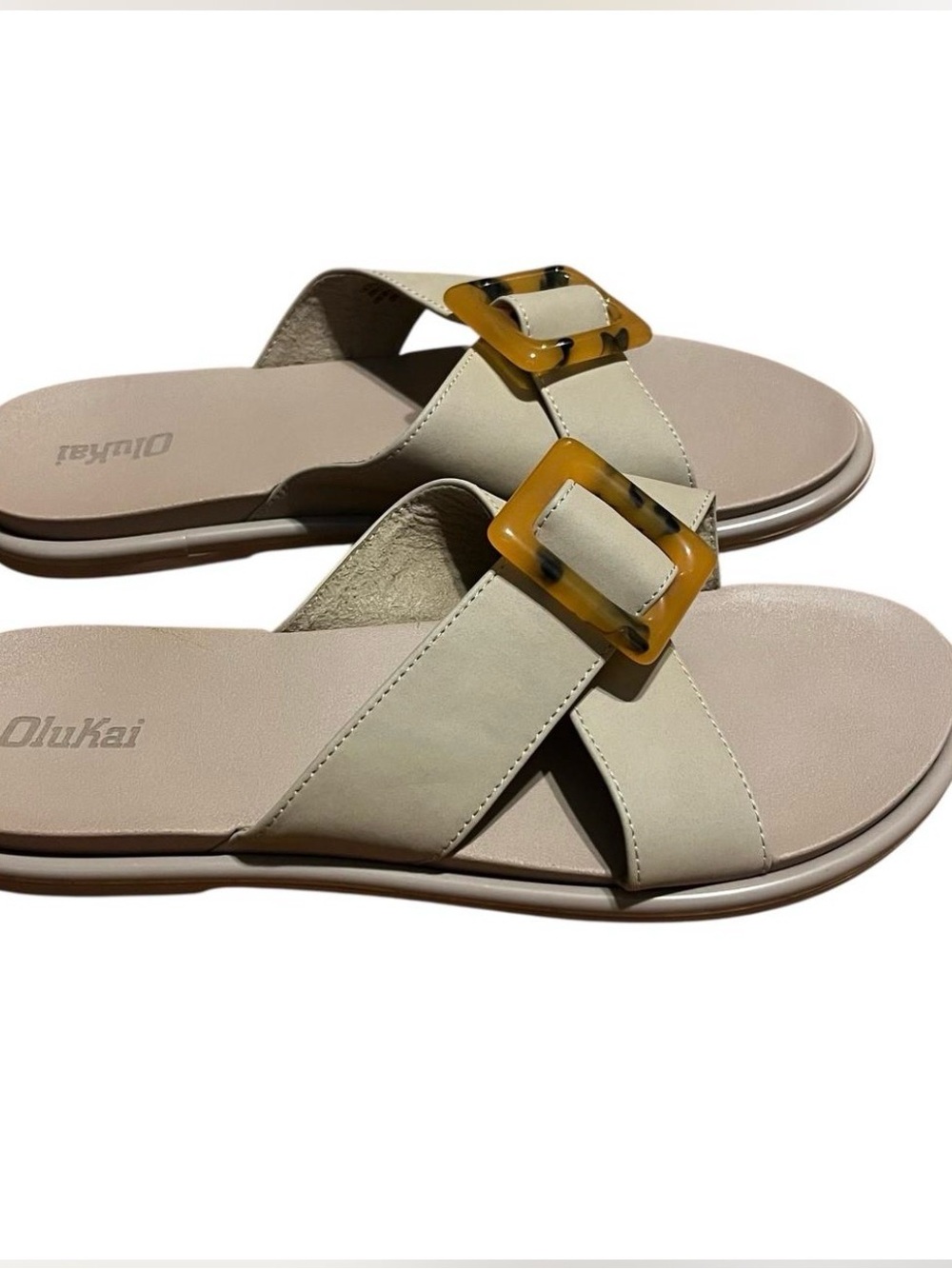 OluKai Women's Cream Slide Sandals with Tortoise Buckle